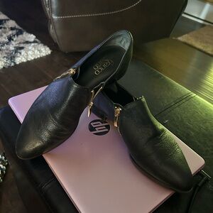 Franco Sarto Black Leather Loafers with Gold Zipper